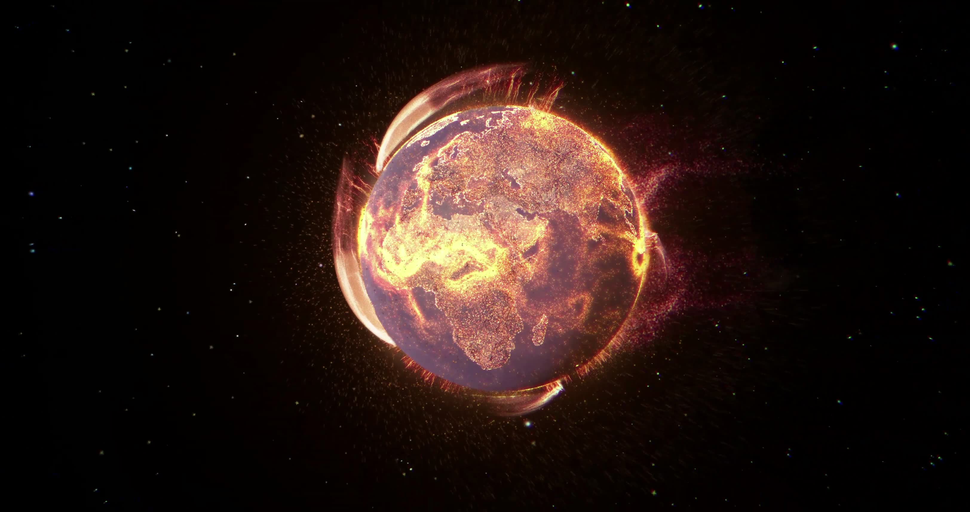 Glowing particle comet igniting a planet in a film company logo intro